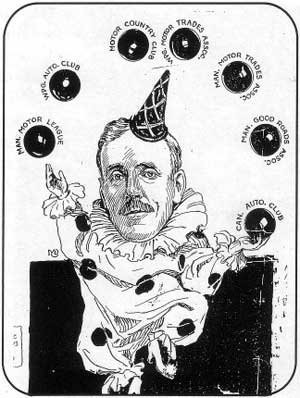 Winnipeg Free Press cartoon depicting A. C.&nbsp;Emmett and his many affiliations (no date)