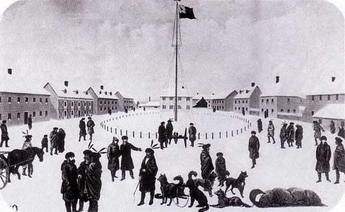 A view of the interior of Upper Fort Garry, circa 1870.