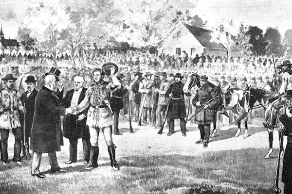 Archibald shakes hands with Riel on October 8. This incident resulted in the recall of the Lieutenant-Governor.