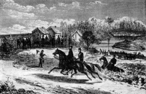 Canadian propaganda drawing showing troops at Fort Pembina. The troops arrived on November 18, six weeks after the raid.