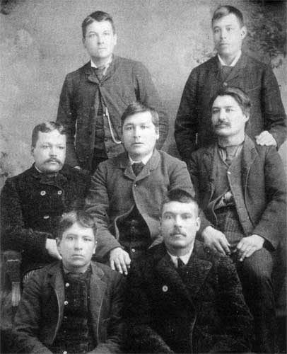 Andre Jerome&rsquo;s sons in 1880. Top: Roger and Napolean. Centre: Martin, Andrew and Baptiste. Front: Sam and Alexandre. It was Baptiste and Alexandre who drove the cart with the Fenian muskets.