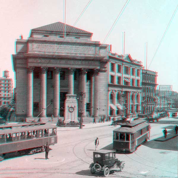 A busy intersection. The Bank of Montreal&rsquo;s grand office building