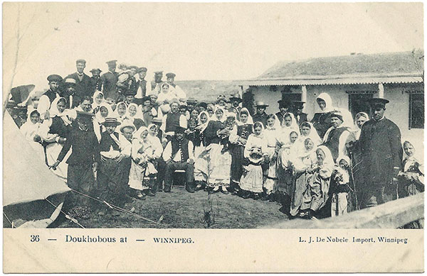 Postcard of Doukhobor settlers at Winnipeg, circa 1906.