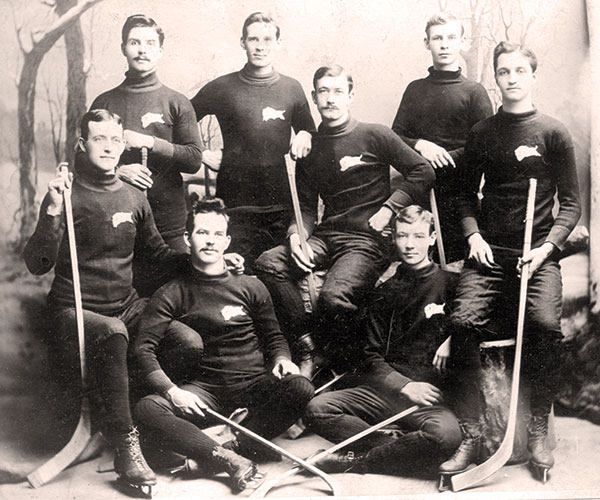 Winnipeg&rsquo;s hockey champions, 1895. Dan Bain (front row, left) played on two Stanley Cup-winning teams fielded by the Winnipeg Victorias amateur hockey team. In 1895, and again in 1901, they successfully challenged the Cup-holding team.