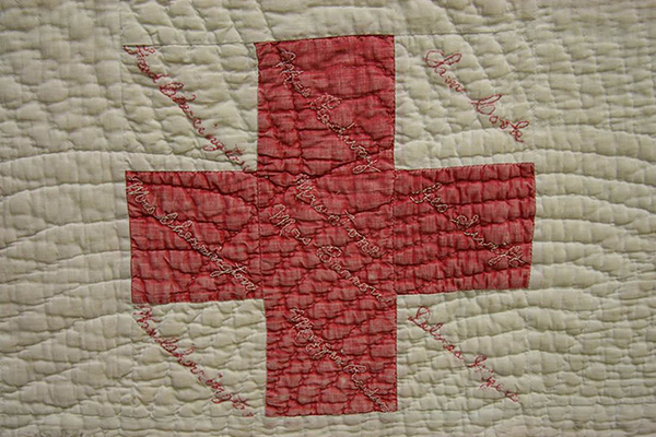 One of thirty quilt blocks, bearing the names of several members of the Cherrington family, including William. Note that the names were embroidered using several different styles, affirming the work was completed by a number of different individuals, and likely rather hastily to ensure it was ready as the draw prize.