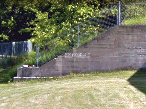 Figure 6. 1950 flood marker, June 2012. The initials &ldquo;R.I.&rdquo; stood for &ldquo;Robert Ireland.&rdquo;