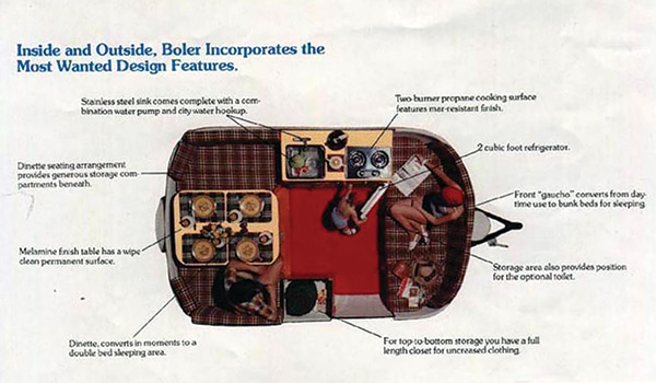 The interior of a boler featured a stainless steel sink, two-burner propane cooktop, two-cubic-foot refrigerator, a dining table that folded down to make a double bed, and bunk beds that converted into daytime lounging space.