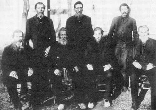 The Jerome St. Matte brothers, 1905. Top: Elise, David and Daniel; bottom: Louis, Andre, Jerome and Joseph. Roger was absent. Martin and Baptiste were dead in 1905.