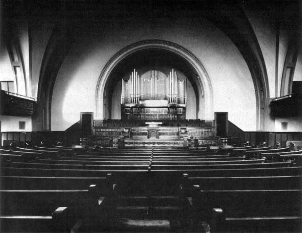 Interior of Young Methodist Church, no date. Built in 1911, the church was destroyed in a spectacular fire in December 1987.