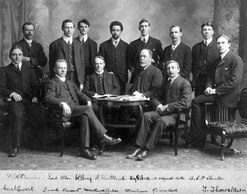 BA (Honours) class in Natural Science, 1906, the first class to have been taught by the University professors appointed in 1904. Each graduate, and each professor, is identified by his signature.