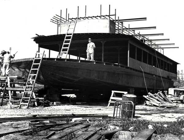 The Paddlewheel Queen under construction in 1965. Built by entrepreneur Ray Senft, the Paddlewheel Queen was constructed in only 80 days at a cost of $200,000.