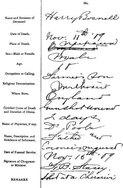 Death registration for Harry Bosnell from the Neepawa Methodist Church, Register of Baptisms, Marriages and Deaths, 1906-1924.