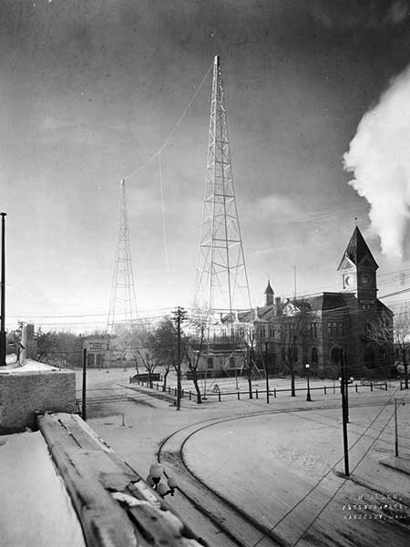 A radio transmitter towers over buildings in Brandon, January 1929
