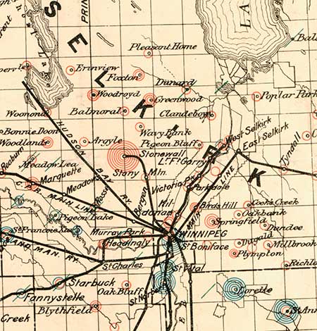 School map. A portion of a map showing school districts before passage of the 1890 Manitoba School Act. Colors were used to denote Protestant, Roman Catholic, and public schools.