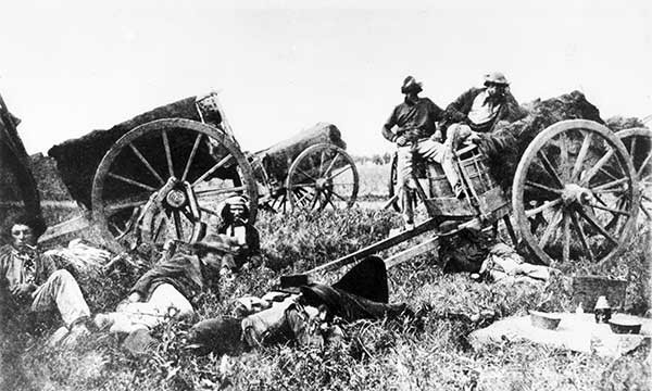 Métis Red River carts from Pembina encamped on St. Anthony Hill, 1858