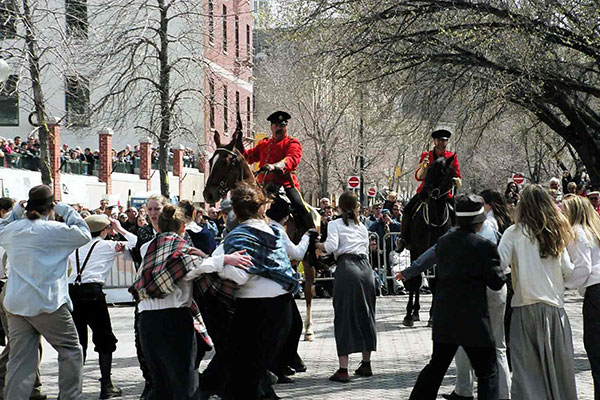 The 2004 outdoor, abridged production of Strike! (Winnipeg Shocks the Nation) in Old Market Square, Winnipeg.