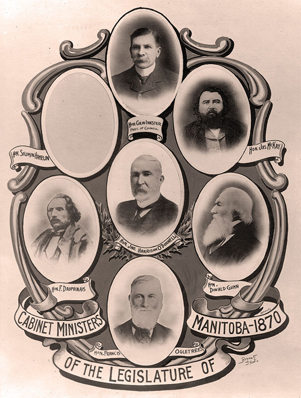 Members of Manitoba first—and only—Legislative Council were illustrated decades later in a collage assembled by Winnipeg photographers Harry H. and Margaret J. Bryant.