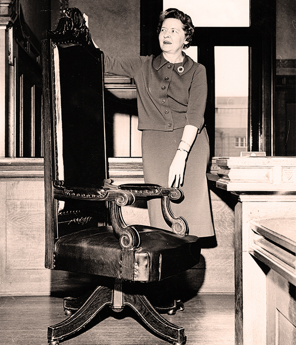 Speaker’s Chair. In 1962, Mary Inkster was photographed with the chair used in the Legislative Council chambers by her grandfather Colin Inkster (1843–1934).