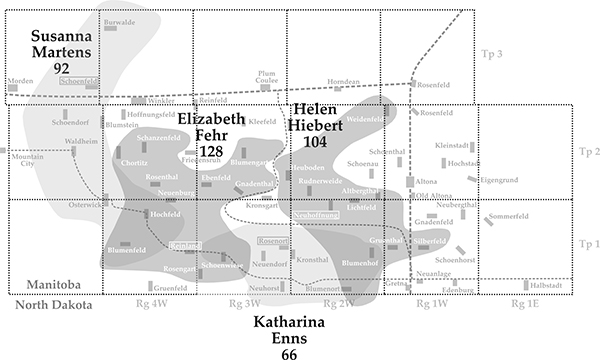 Areas of influence for the four most active midwives in the Mennonite West Reserve. The dotted squares are 6 miles by 6 miles. The dashed line, from Gretna to Plum Coulee, is the “boundary” between the Reinlander community on the western part of the Reserve and the Bergthal community on the east. Heavy dashed lines are railways. The Post Road is the thin dashed line along the US border. Village names with a box around them indicate the village of residence for each midwife.