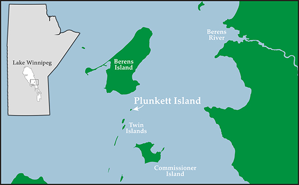 The middle of nowhere. In the centre of Lake Winnipeg, only 730 feet (220 metres) from end to end and 160 miles (260 kilometres) as the crow flies from Winnipeg, Plunkett Island hardly seems a place that anyone would want to live, much less with a wife and family of four children, year-round. But one-legged Harry Plunkett did it for several years, serving as the lighthouse keeper on this small chunk of rock that would later be named for him.