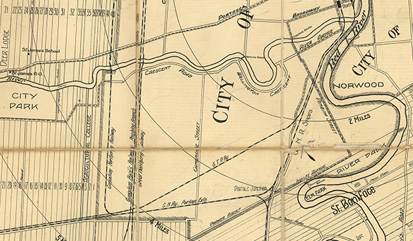 Map 1. A portion of a 1909 Winnipeg street map includes the railways that criss-crossed the city, including the Grand Trunk Pacific and Great Northern railways that passed by the Union Station at the upper, right corner of this view, then headed southwest, passing through what is now Fort Rouge but was then largely undeveloped land populated by squatters.