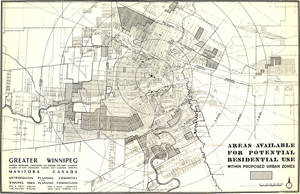 Map 2. A 1948 Winnipeg map identified areas for potential residential development, including the southwest part of Fort Rouge.