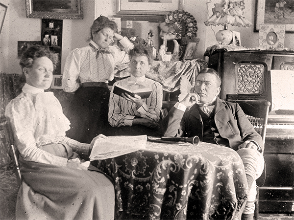 The teaching staff. This photograph from around 1908 shows members of the teaching staff at the Manitoba Institute for the Deaf and Dumb, from left: Miss Bartlett, Miss Augusta Spaight, Miss Lily Turriff, and Dr. Duncan W. McDermid.