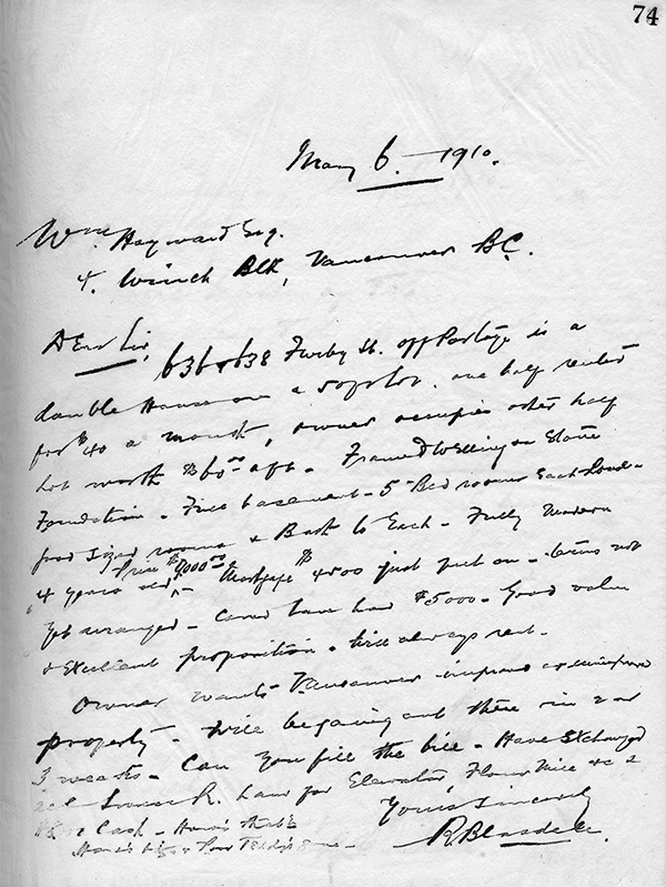Example of a copied letter from Ralph Blasdale to William Hayward, 6 May 1910.