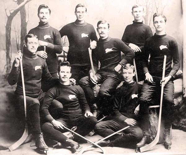 Winnipeg’s hockey champions, 1895. Dan Bain (front row, left) played on two Stanley Cup-winning teams fielded by the Winnipeg Victorias amateur hockey team. In 1895, and again in 1901, they successfully challenged the Cup-holding team.