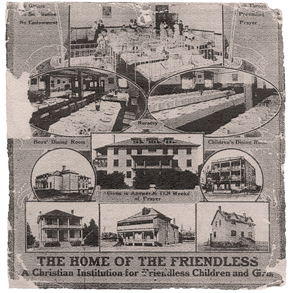 A document published by the Home of the Friendless, circa 1920, showed, clockwise from the upper left, the boys’ dining hall, nursery, and children’s dining hall at the West Kildonan location, the Furby Street Hospice formerly the Boys’ Home, the farm house at Rosser, Mrs. Crouch’s residence, the office, the Boys’ Residence and in the centre, the main residence.