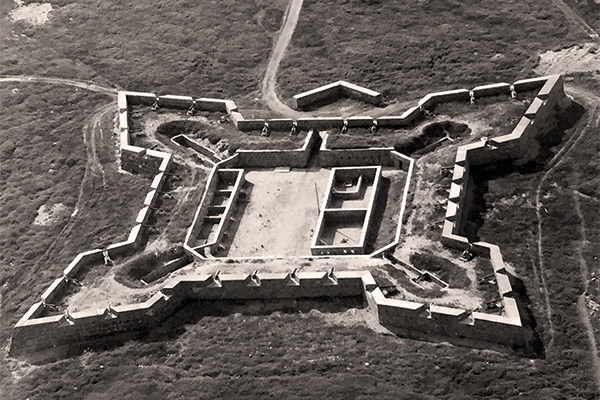Prince of Wales Fort, seen here in an aerial view from 1966, was constructed in the 18th century on Eskimo Point across the river from the modern town of Churchill. The federal government restored the fortress as well as nearby Cape Merry Battery between 1934 and 1960.