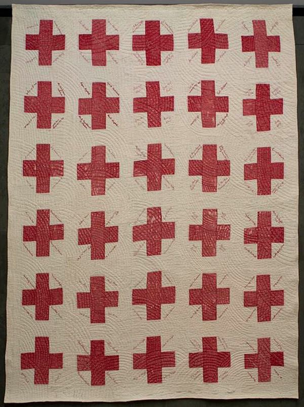 1917 Red Cross Signature Quilt from Waskatenau, Alberta bearing 300 names. Continuing research and investigation by Royal Alberta Museum staff has yet to uncover any other quilts of this kind in the collections of public entities. This item offers a window into how one small community contributed to, and was impacted by, the First World War.