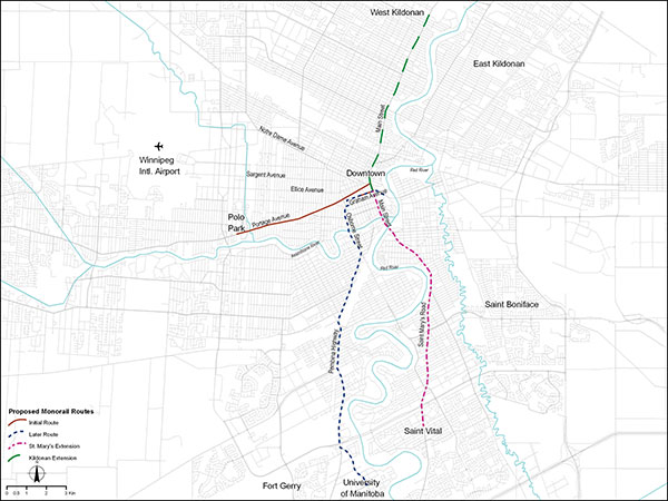 Proposed monorail routes in Winnipeg.
