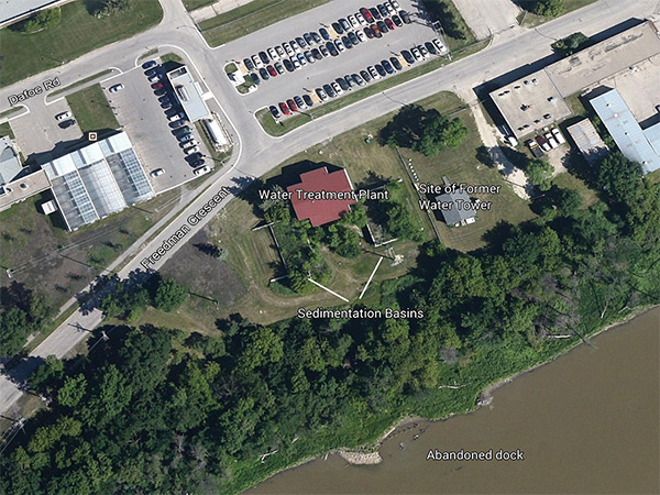 Figure 2. Location of water treatment plant, abandoned dock, and former water tower, June 2012.