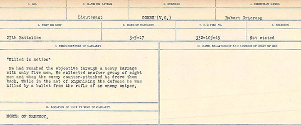 Robert Grierson Combe V.C., Circumstances of Death Card