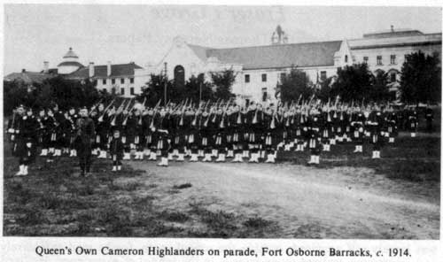 Queen's Own Cameron Highlanders on parade, Fort Osborne Barracks, circa 1914. 