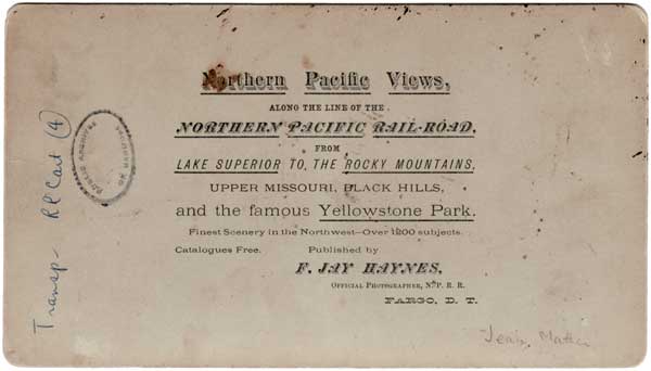 “Northern Pacific Views along the line of the Northern Pacific Rail-Road
835. The Half-Breeds’ Ox and Cart Train” (back) 