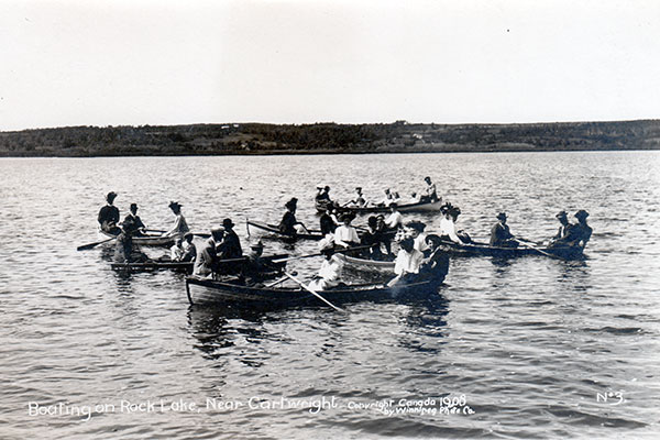 Postcard view of boaters on Rock Lake near Cartwright