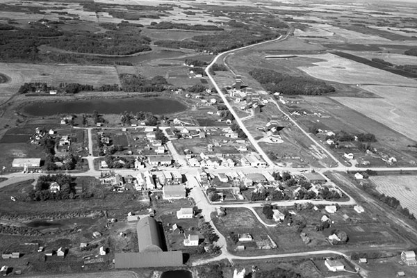 Aerial view of the grain elevators at Angusville