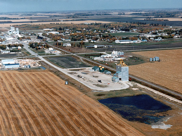 Aerial view of grain elevators at Arborg with Pool D in the foreground