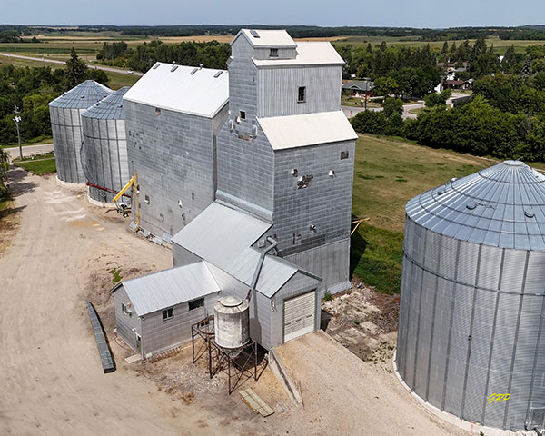 Aerial view of the Manitoba Pool grain elevator at Baldur