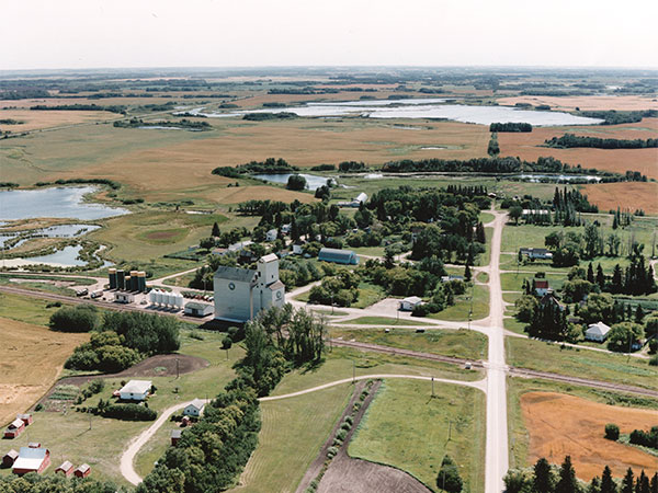 Aerial view of the former Manitoba Pool grain elevator A at Basswood