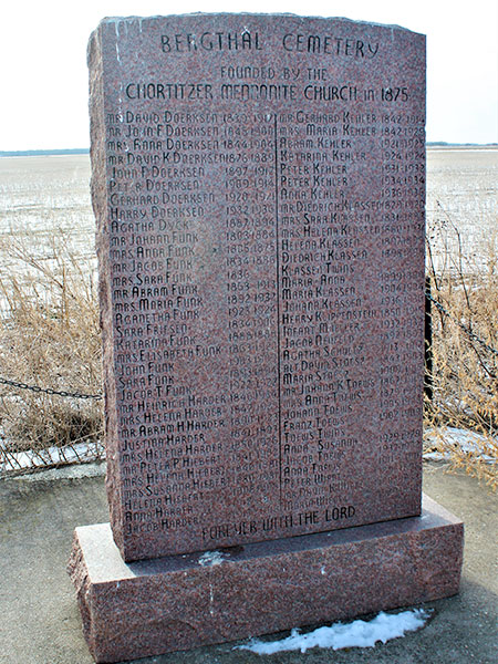 Memorial monument in the Bergthal CMC Cemetery