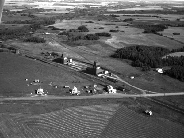 Aerial view of grain elevators at Birdtail