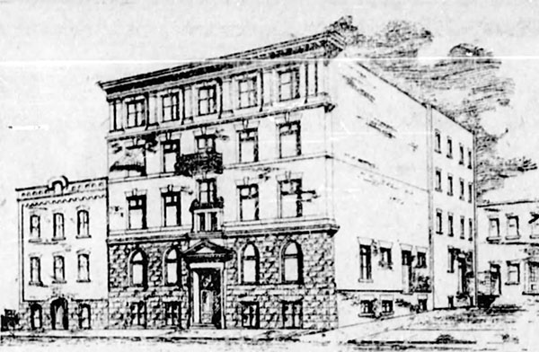 Sketch of the newly expanded Black Building with the original two-storey structure at its left side