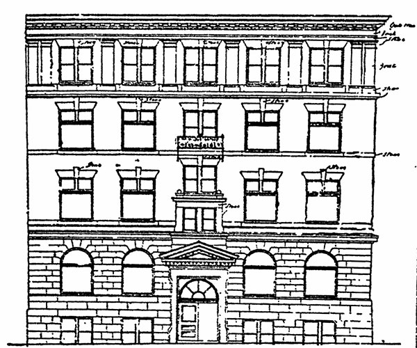 Sketch of the newly expanded Black Building with the original two-storey structure at its left side