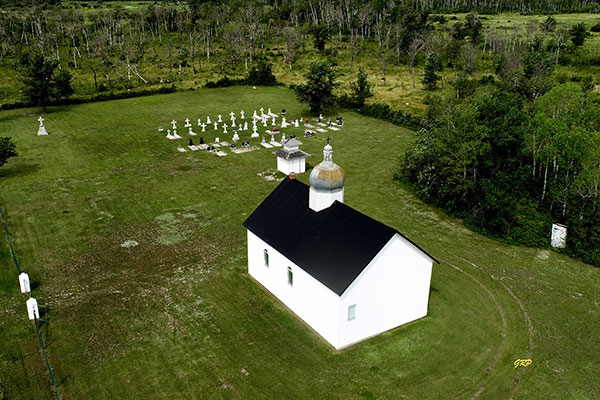 Aerial view of the Blessed Virgin Mary Ukrainian Catholic Church and Cemetery