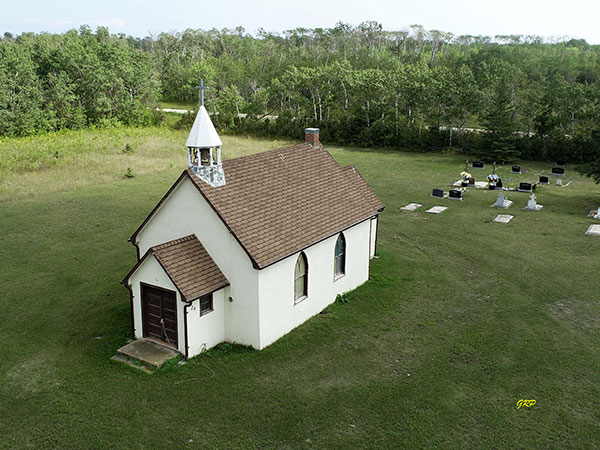 Aerial view of St. James Anglican Church at Bluff Creek