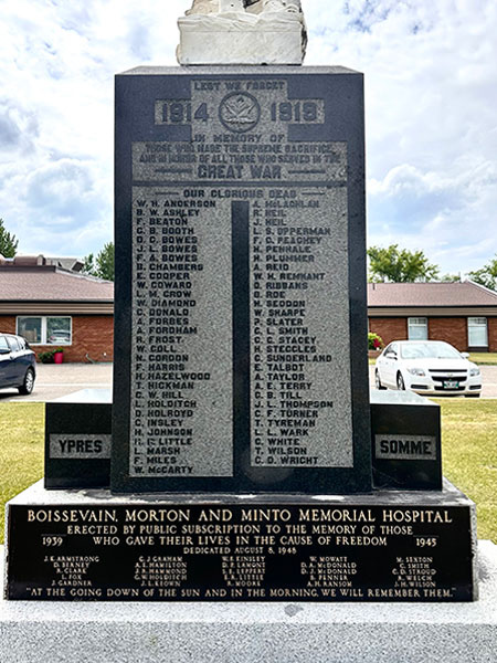 Closeup of the plaque on the Boissevain War Memorial