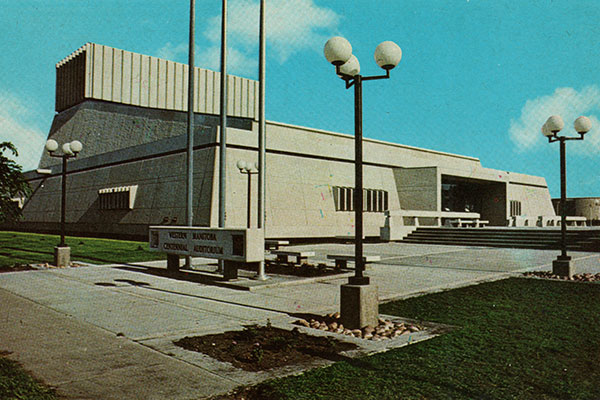 Postcard view of the Western Manitoba Centennial Auditorium